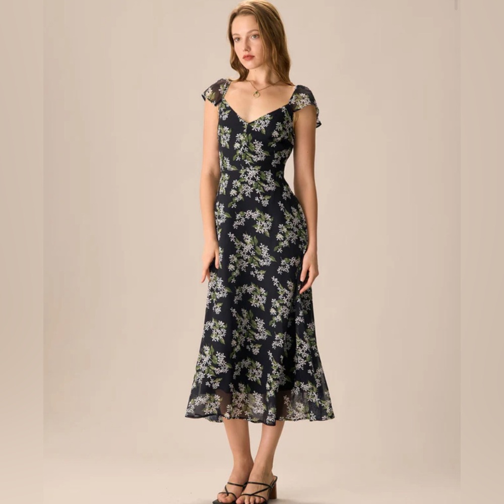 NWT RIHOAS Women's Black Floral Shirred Midi Dress